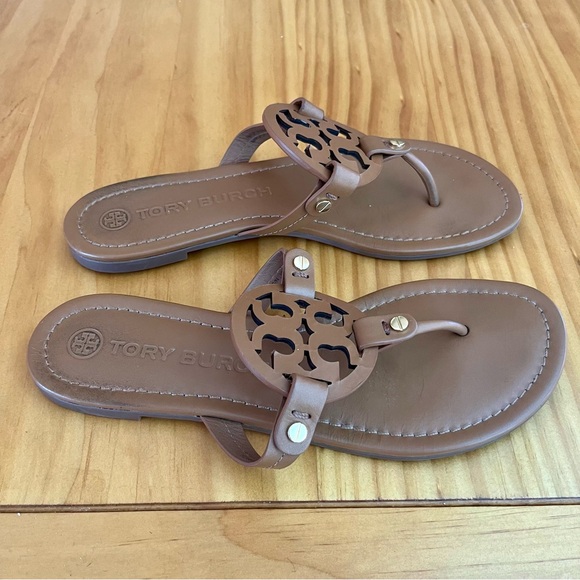 AUTHENTIC TORY BURCH TAN LEATHER MILLER SANDALS - Picture 4 of 15